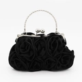 Elegant black satin evening clutch bag featuring 14 handmade roses and silver metal handles - Black
