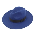 Classic wide-brim royal blue fedora hat with a contrasting black decorative ribbon band - M (56-58cm) / Blue