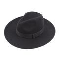 Classic black wide-brim wool fedora hat with matching ribbon bow for men and women - M (56-58cm) / Black
