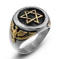 Anello in acciaio inossidabile con esagramma dorato e rilievo di aquila in oro e nero - Taglia US 9 / Oro e Argento