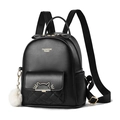 Black leather backpack for women with quilted pocket and cute cat ornament decor - Small / Black