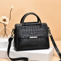 Elegant black crocodile-pattern handbag with top handles and detachable shoulder strap - Black