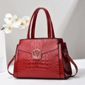Minimalist red faux crocodile leather handbag with golden V logo and shoulder strap - Wine Red