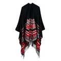 Women's reversible knit poncho with horizontal stripes and tassels on white background - Black Double-Ended Diamond