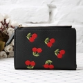 Detail of cherry embroidery on black litchi grain leather wallet with gold zipper - Black