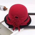 Detail of red wool felt hat with black faux fur brim and oversized floral ornament - M / Four-leaf Flower with Hemming / Burgundy