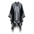 Classic black and white leopard print knit shawl cape with fringe tassels on white background - Border Leopard Print Black
