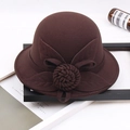 Detail of wool felt floral decoration on brown cloche hat with textured fabric - M / Four-leaf Rose / Coffee