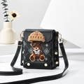 Black mini crossbody phone bag with embroidered teddy bear and golden rivets detail - Black/Print