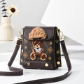 Brown vintage floral patterned crossbody phone bag with cute 3D bear embroidery decoration - Coffee/Print