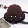 Close-up of wool cloche hat with floral applique, pearl accent, and plush brim edge - M / Beaded Flower with Hemming / Coffee