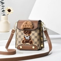 Brown checkered crossbody phone bag with cute bear embroidery and knit cap decor - Khaki/Checkered