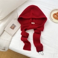 Détail de la capuche écharpe rouge tricotée avec étiquette et texture en laine - 24*36cm / Rouge