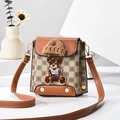 Brown checkerboard crossbody bag with a cute teddy bear and gold stud accents - Ochre/Check