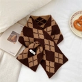 Close-up of wool argyle scarf with classic brown patterns on a white fabric background - Khaki Brown