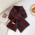 Detail shot of the red and grey argyle knit scarf texture with a 100% cashmere label - Brick Red And Blue Gray