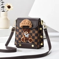 Brown checkerboard crossbody bag with 3D knit hat and teddy bear embroidery detail - Coffee/Checkered