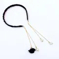 Detail of velvet headband with golden chains, white pearls and black flower charms - Single Flower Style / Navy Blue