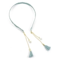 Detail of light blue fabric headband with golden chains, faux pearls and tassel pendants - Tassel Style / Mint Green