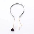 Detail of grey pleated headband featuring golden chains with purple flowers and pearls - Single Flower Style / Gray