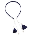 Detail of dark blue fabric headband featuring metal chains with flower tassels and pearls - Double Flower Style / Navy Blue