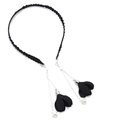 Detail of black twisted fabric headband with silver fringe chains and pearl flower charms - Double Flower Style / Black