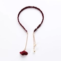 Detail of red fabric headband with gold chains, cloth flowers and white pearls - Single Flower Style / Burgundy