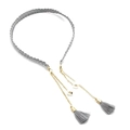 Detail of gray velvet headband with gold chains, faux pearls and fringe tassel accents - Tassel Style / Gray