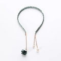 Detail of grey-green pleated headband with gold chains, fabric flower and pearl charms - Single Flower Style / Mint Green