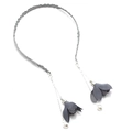 Detail of grey fabric headband featuring hanging metal chains with flower and pearl drops - Double Flower Style / Gray