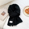 Detail of thick black mixed-knit scarf featuring colorful specks and white brand label - 23*160cm / Black
