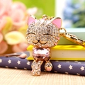 Cat shaped sparkling rhinestone keychain with pink crystal heart and golden lobster clasp - Pink Lucky Cat