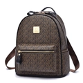 Brown faux leather backpack for women with monogram pattern and gold metal plate - Large / Coffee