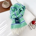 Detail of mint green and blue striped wool scarf with long white tassels and brand label - Green and Blue Striped