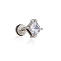 Orecchino a perno in acciaio al titanio argento con zircone quadrato e retro piatto - Zirconia Quadrata Bianca / Bianco