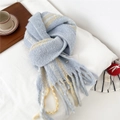 Detailed view of striped wool-blend scarf with long tassels and soft knit texture - 27x190cm (Including Tassel 218cm) / Blue Yellow and White Striped Style