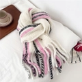 Close-up of thick striped wool scarf with long tassels on a cozy white home background - 27x190cm (Including Tassel 218cm) / Pink Black and Rice White Striped Style