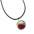 Detail of a handmade double-sided glass orb necklace with a colorful galaxy space pattern - AB Color
