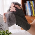 Dark grey knitted fingerless gloves with faux rabbit fur trim and cable knit pattern - Triangle Dark Grey
