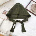 Detail view of dark green knitted hooded scarf with soft wool texture and adjustable drawstrings - Dark Green