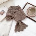 Detailed view of the dark brown knitted scarf featuring fish scale texture and cross-loop - Dark Coffee
