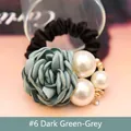 Dark green silk rose hair scrunchie with white pearls and gold diamond accents - Light Dark Green