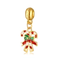 Golden Christmas candy cane charm with red enamel bow and shining engraving - Double Christmas Canes
