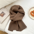 Dark brown wool knit scarf with vertical stripes and small round metal brand tag - Dark Gray