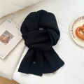 Solid black wool knit scarf featuring classic ribbed texture and decorative emblem - Black