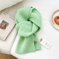 Soft mint green 100% wool ribbed knit scarf with premium leather brand label - Emerald Green