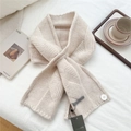Close-up of cable knit wool neck warmer featuring a button closure and soft ivory texture - Off-white