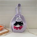Close-up of light purple knitted drawstring bag with cat pattern and pink bow detail - Purple Pikaa Cat