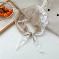 Beige lace triangle scarf with white floral embroidery and lightweight fabric texture - Khaki