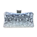 Detailed view of silver evening clutch featuring geometric pebble texture and rhinestone clasp - Silver